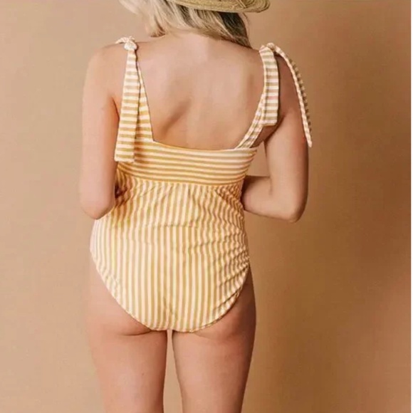 Albion the cabana one piece swimsuit in yellow stripe size Small tie shoulder - Picture 2 of 7